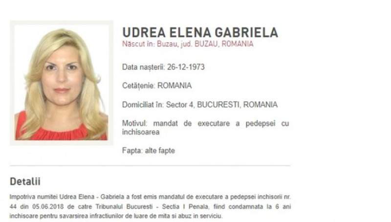 Elena Udrea, condamnată la 6 ani de închisoare în dosarul „Gala Bute”, dată oficial în urmărire după ce a fugit din țară