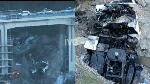 Momentul în care un șofer român cade cu TIR-ul de pe un viaduct, de la 20 metri înălțime, în Italia (VIDEO)