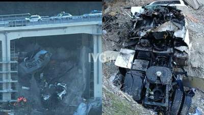 Momentul în care un șofer român cade cu TIR-ul de pe un viaduct, de la 20 metri înălțime, în Italia (VIDEO)