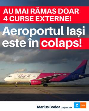 Marius Bodea (deputat USR): Aeroportul Iași e în colaps! Din cele 20 de curse externe operabile în 2016, azi au mai rămas doar 4 (patru)