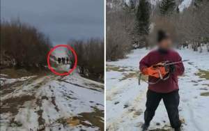 Pădurari atacați cu toporul și drujba de doi bărbați și o femeie prinși la furat de lemne (VIDEO)