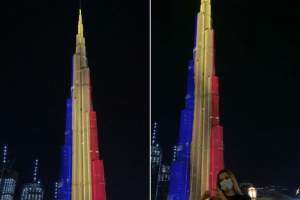 Turnul Burj Khalifa din Dubai, iluminat în culorile tricolorului românesc, de Ziua Naţională (VIDEO)