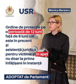 Monica Berescu, deputată USR: Victimele violenței domestice vor avea de acum ordine de protecție pe un an, nu doar pe șase luni ca acum, și asistență juridică gratuită și în apel