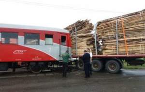 TIR încărcat cu cherestea, acroșat de tren, în Suceava: patru persoane rănite (VIDEO)